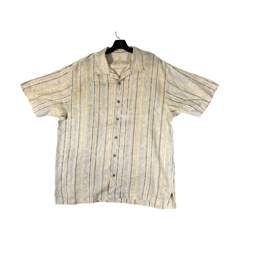 Tommy Bahama Mens Large 100% Linen Short Sleeve Stripe Paisley‎ Camp Shirt Cream